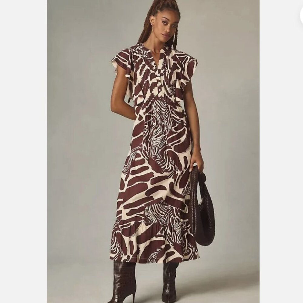 Anthropologie Maeve Cassandra Brown Tan Safari Print Pockets‎ Maxi Dress Size S